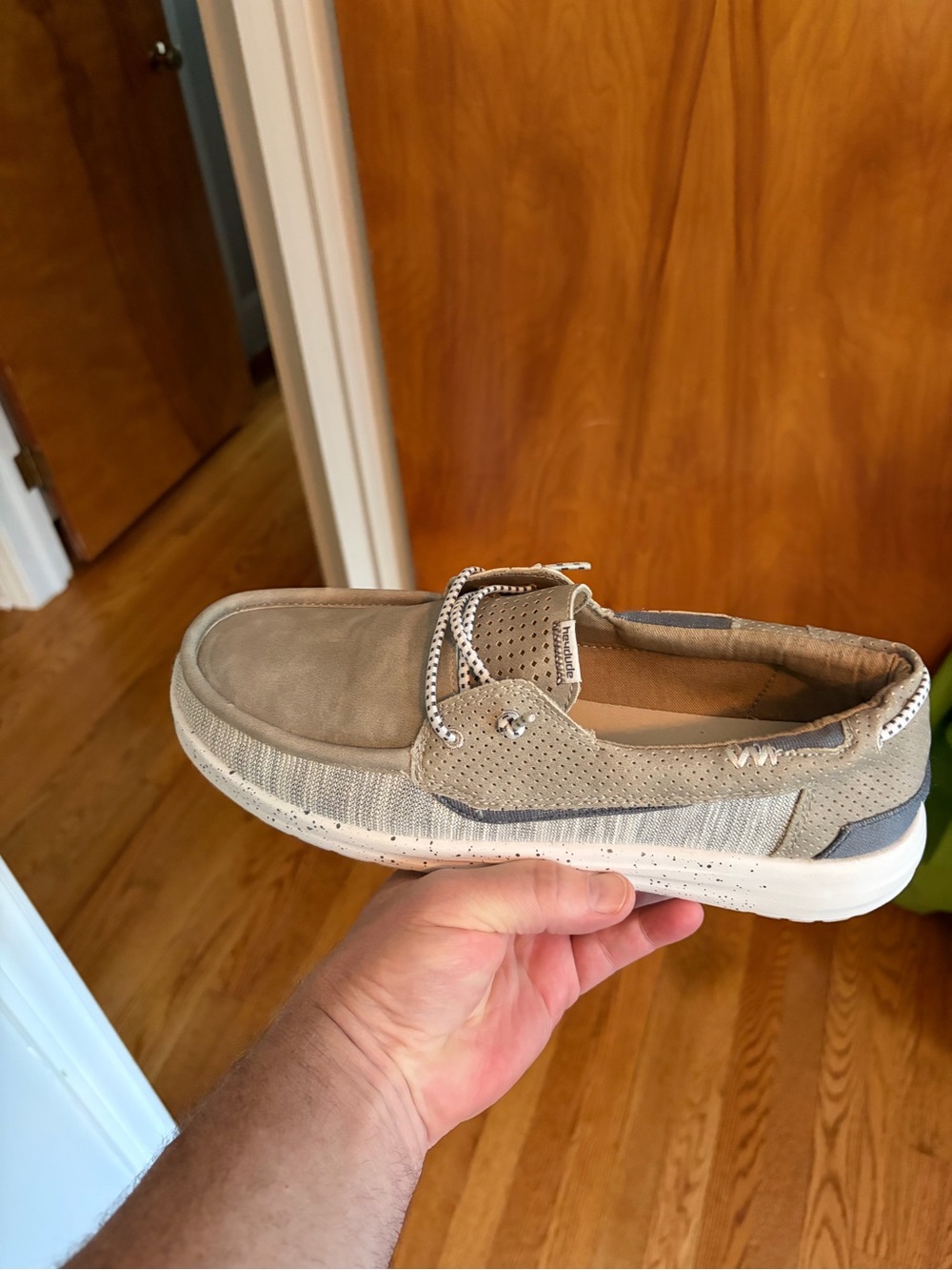 Hey Dude Men's Slip-On Loafer in Taupe with White Sole